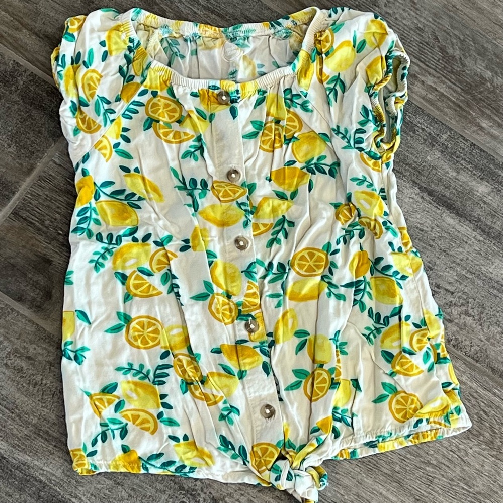 Wonder Nation Lemon Print Button Tie-Front Top Girls Spring Summer Size M (7-8)
